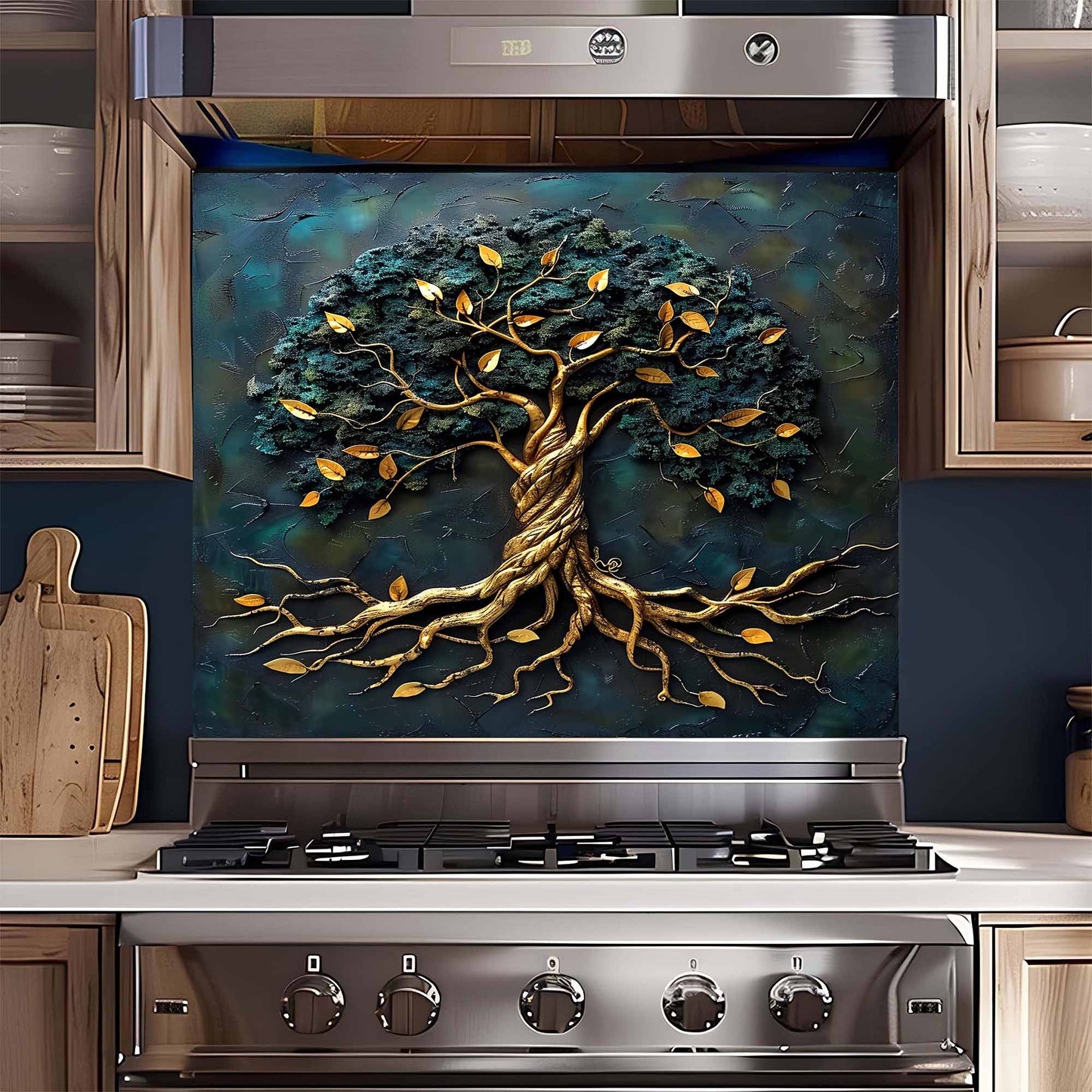 Golden Roots Tree Glass Backsplash – Tempered Glass Backsplash for Kitchen
