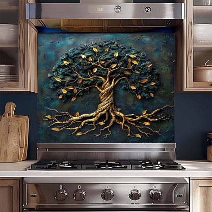 Golden Roots Tree Glass Backsplash – Tempered Glass Backsplash for Kitchen