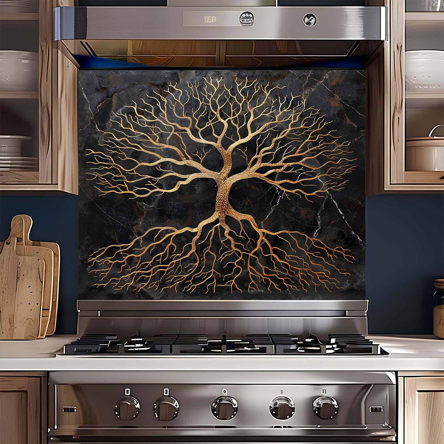 Golden Rooted Tree Glass Backsplash – Kitchen Backsplash Behind Stove