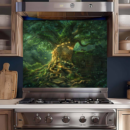 Mystic Grove Tree Tempered Glass Backsplash – Kitchen Backsplash for Stove