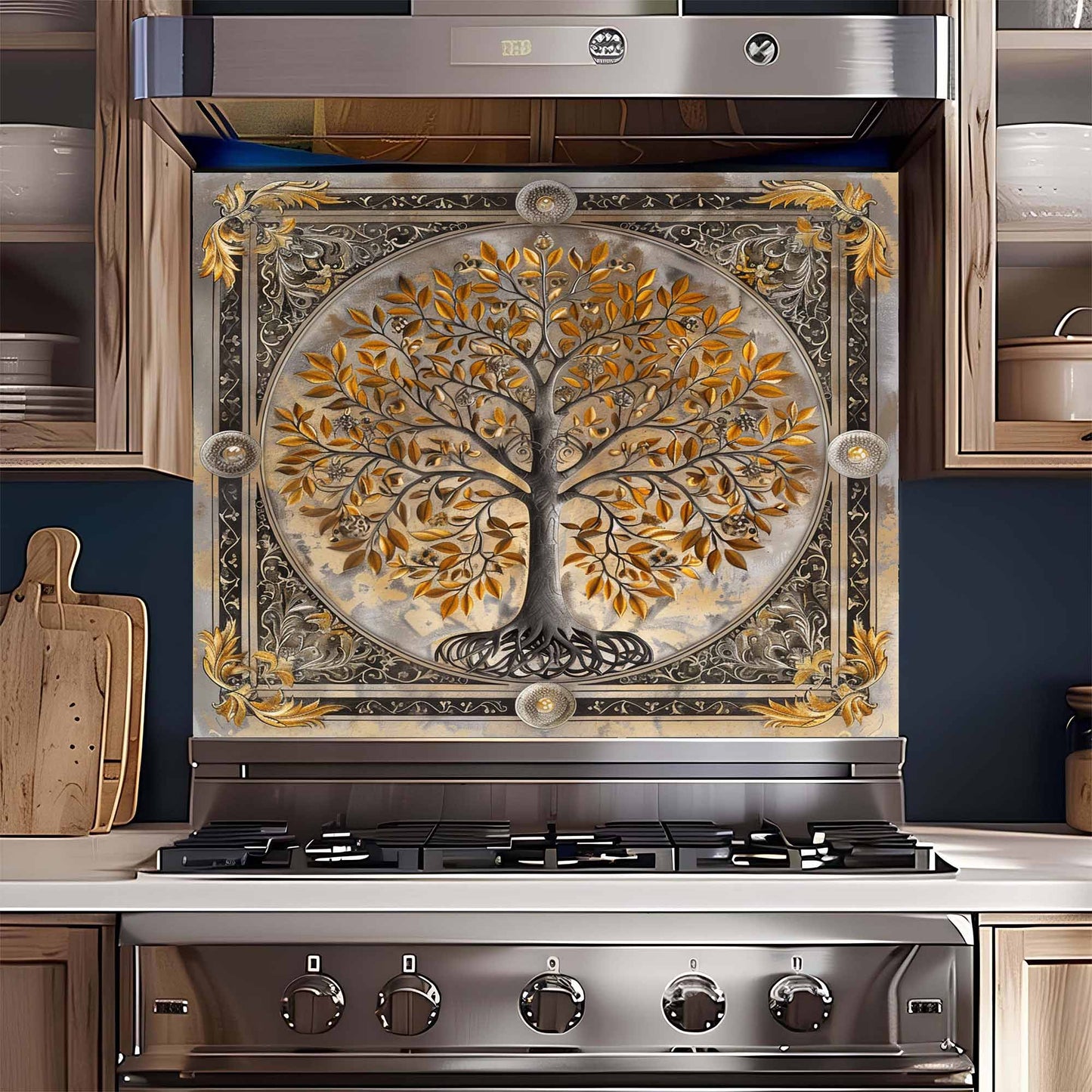 Gilded Harmony Tree of Life Kitchen Backsplash – Tempered Glass Backsplash for Stove