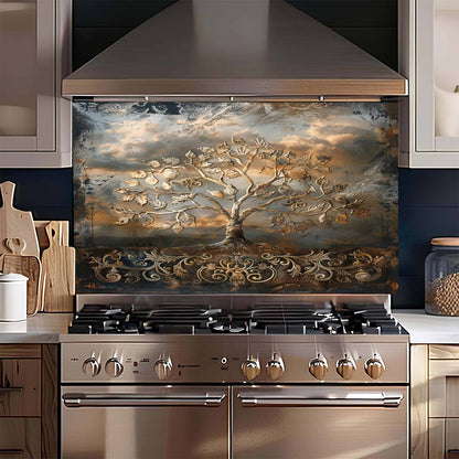 Golden Flourish Kitchen Backsplash –  Tree of Life Glass Backsplash for Stove