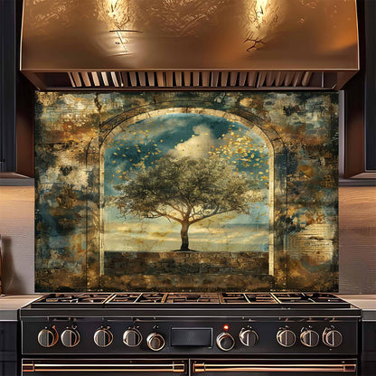 Golden Silence Tempered Glass Backsplash – Tree of Life Kitchen Backsplash