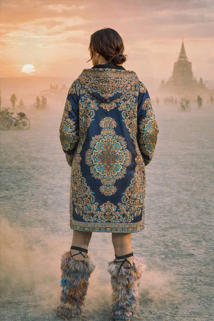 Classic Persian Cuddle Coat | Qom, Blue and Gold | Unisex Minky Sherpa Lined Coat with Hood, Zipper and Pockets | Women and Mens Festival Coat | Mountain Fashion