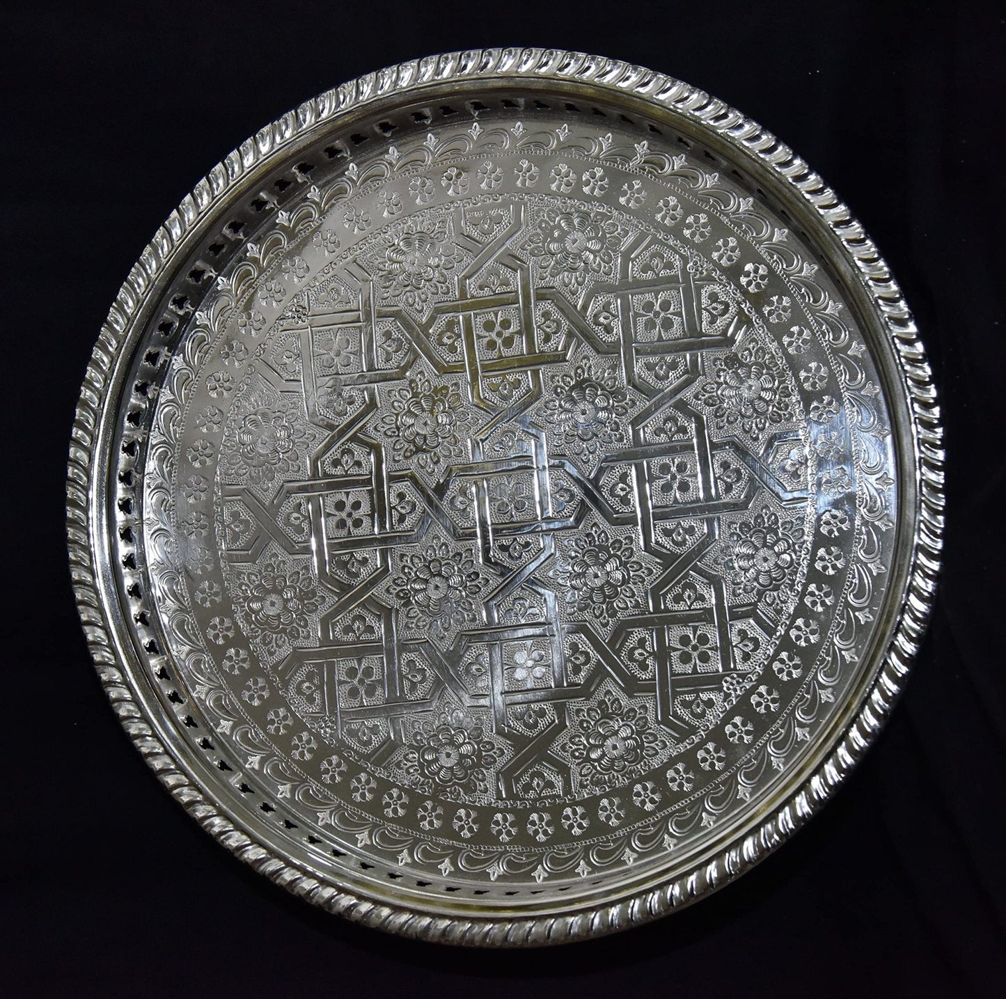 Moroccan 10.2 Inch Handmade Serving Brass Tea Tray Silver Plated Handcrafted Plate Fez Morocco
