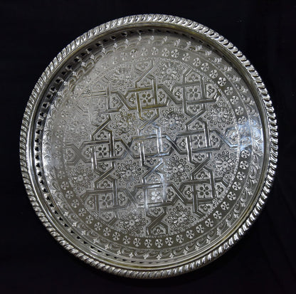 Moroccan 10.2 Inch Handmade Serving Brass Tea Tray Silver Plated Handcrafted Plate Fez Morocco