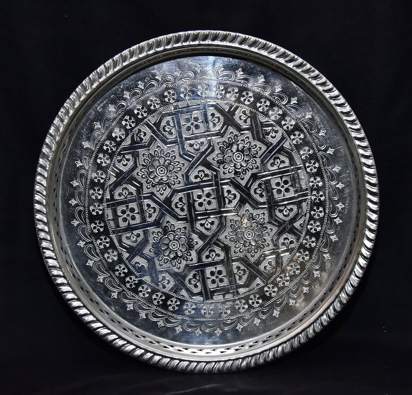 Moroccan 10.2 Inch Handmade Serving Brass Tea Tray Silver Plated Handcrafted Plate Fez Morocco
