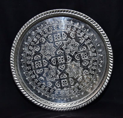 Moroccan 10.2 Inch Handmade Serving Brass Tea Tray Silver Plated Handcrafted Plate Fez Morocco