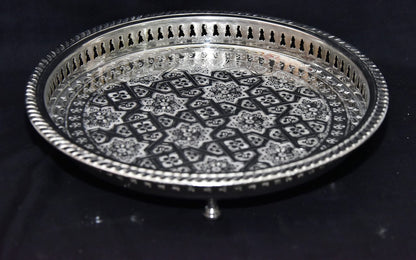 Moroccan 10.2 Inch Handmade Serving Brass Tea Tray Silver Plated Handcrafted Plate Fez Morocco