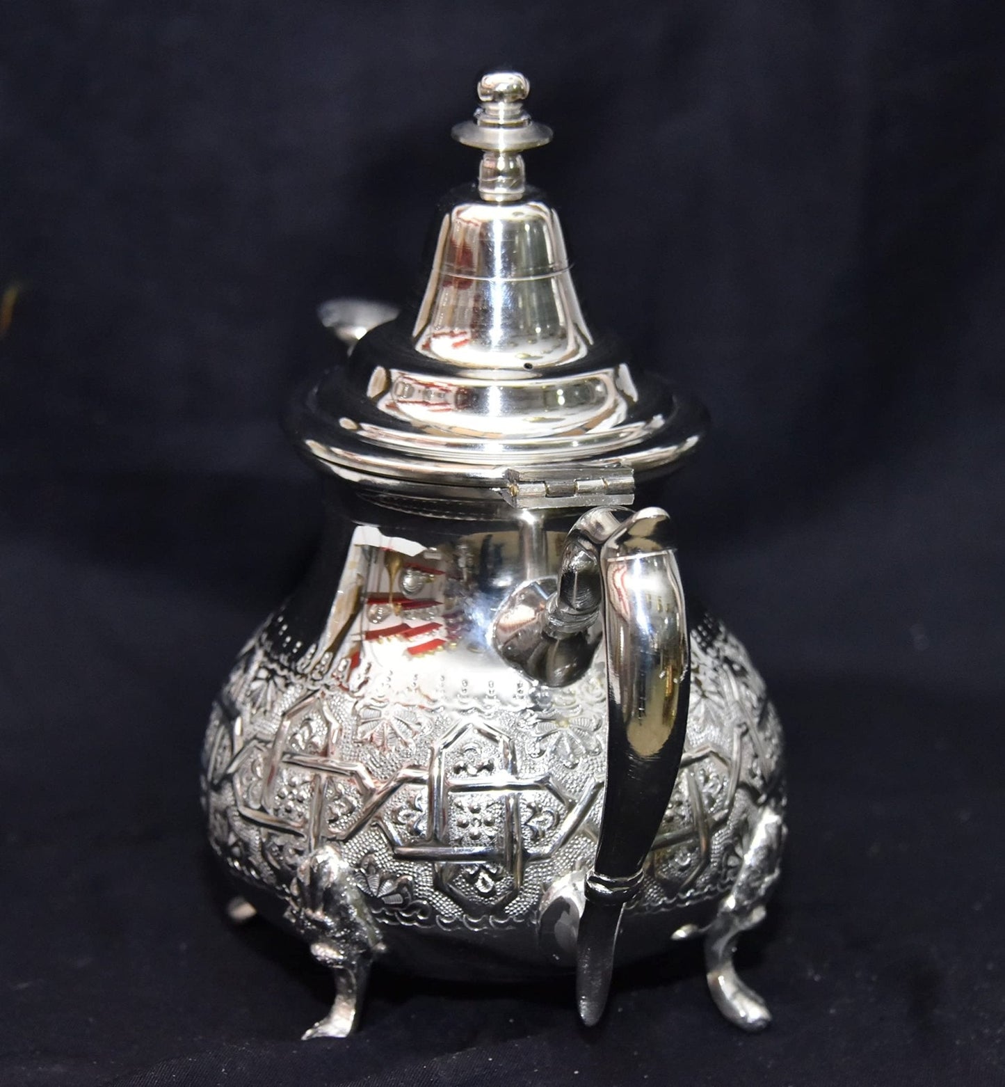 Moroccan 4 Cups Tea Pot W/ 4 Welded Legs Handmade Serving 15OZ Small Brass Silver Plated Teapot Hand Carved in Fez Morocco