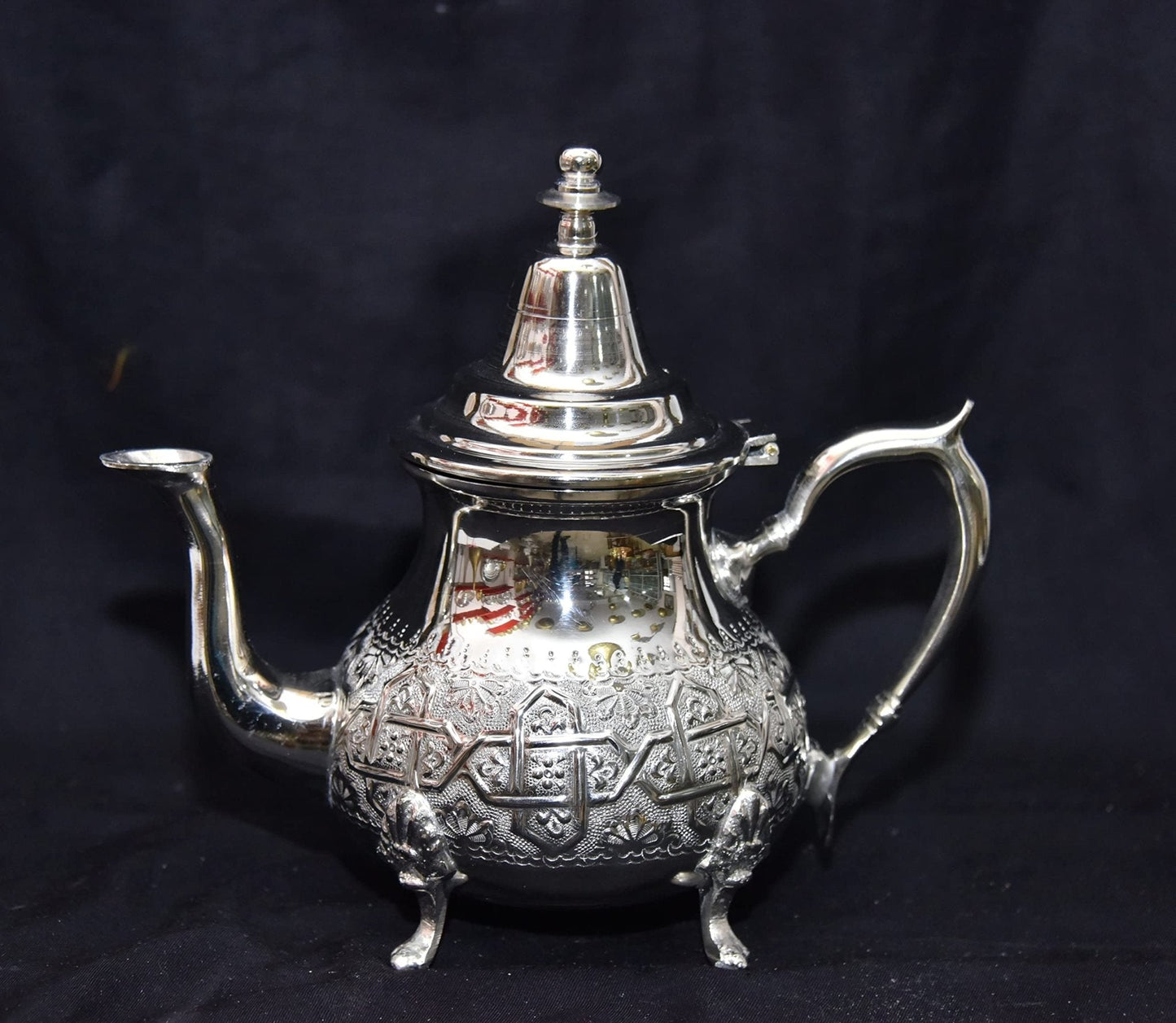 Moroccan 4 Cups Tea Pot W/ 4 Welded Legs Handmade Serving 15OZ Small Brass Silver Plated Teapot Hand Carved in Fez Morocco