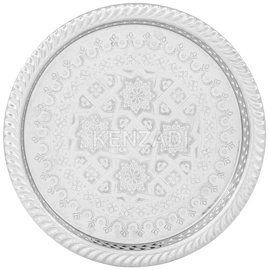 Moroccan 8.25 Inch Handmade Serving Tea Tray Silver Plated Brass Handcrafted Plate Fez Morocco
