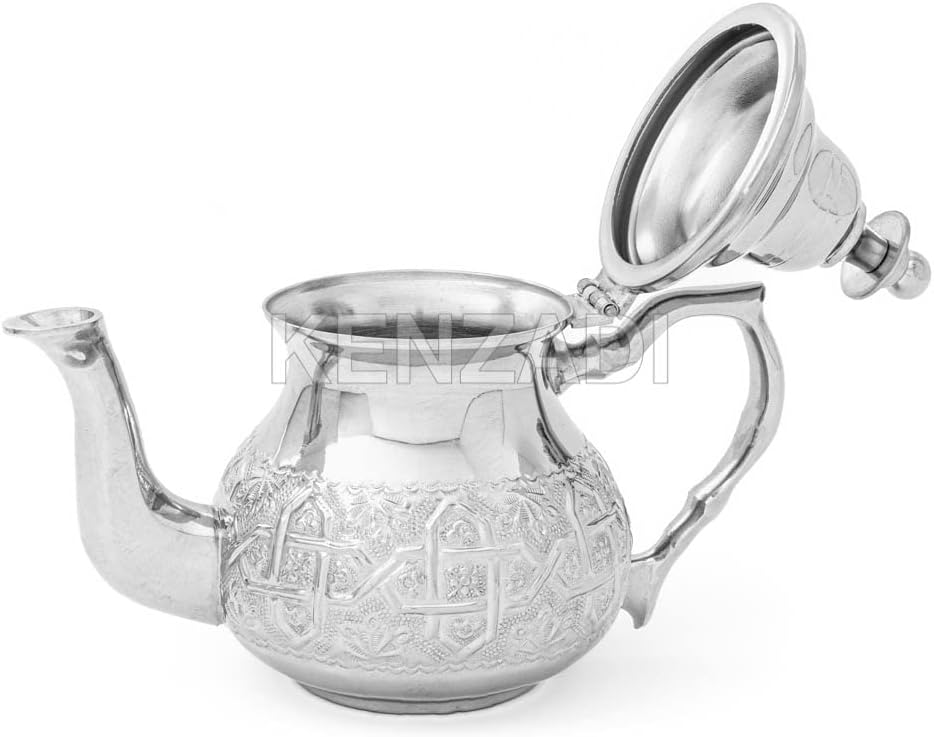 Moroccan 8Cups 20oz Teapot Handmade Brass Silver Plated Hand Carved In Fes Morocco