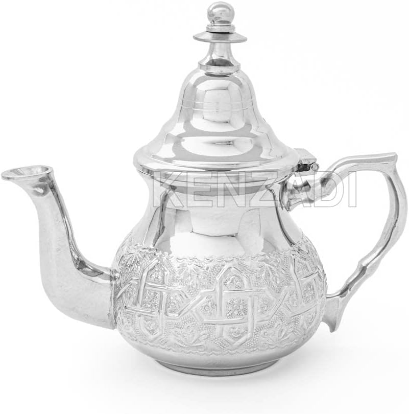 Moroccan 8Cups 20oz Teapot Handmade Brass Silver Plated Hand Carved In Fes Morocco