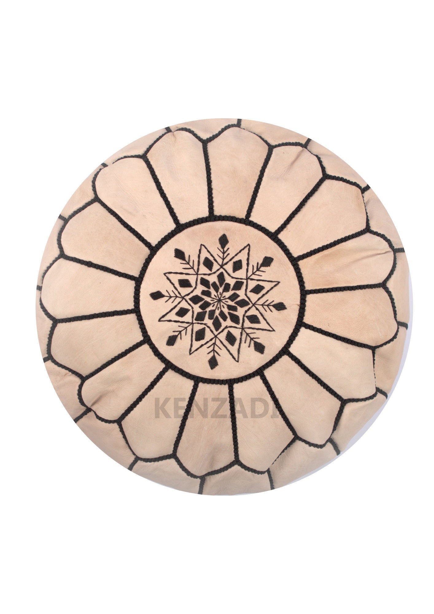 Moroccan leather pouf, round pouf, berber pouf, Beige with Black embroidery by MyPoufs.com