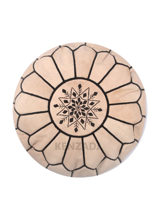 Moroccan leather pouf, round pouf, berber pouf, Beige with Black embroidery by MyPoufs.com