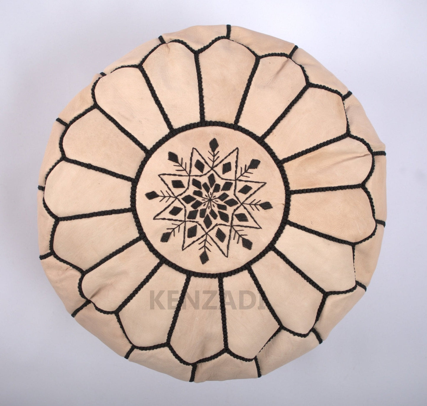 Moroccan leather pouf, round pouf, berber pouf, Beige with Black embroidery by MyPoufs.com