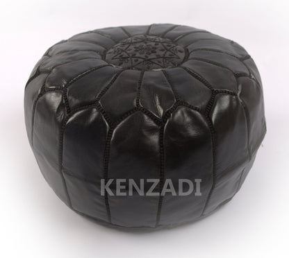 Moroccan leather Pouf, round Pouf, berber Pouf, Black Pouf with Black embroidery by MyPoufs.com
