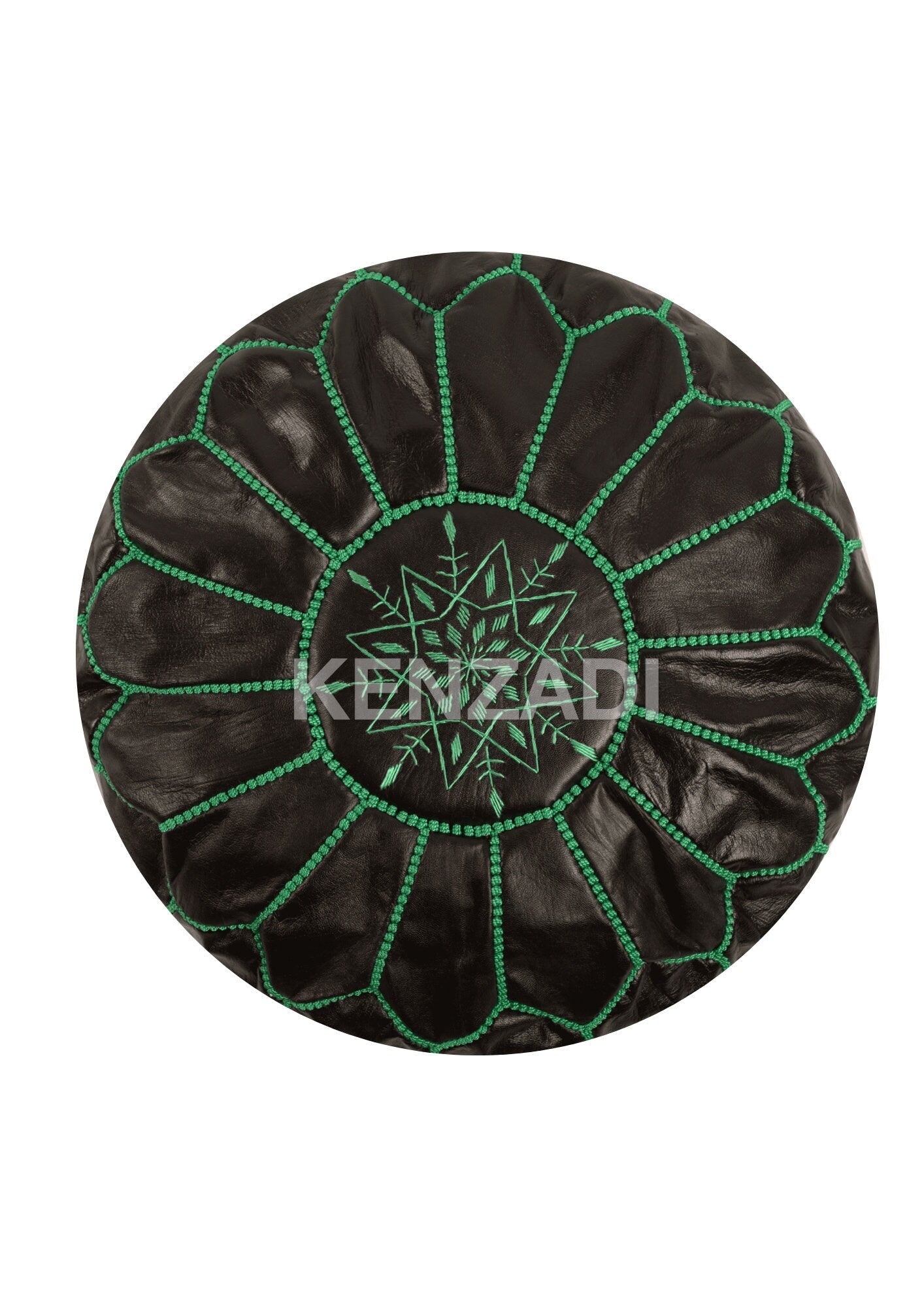 Moroccan leather pouf, round pouf, berber pouf, Black with Green embroidery by MyPoufs.com