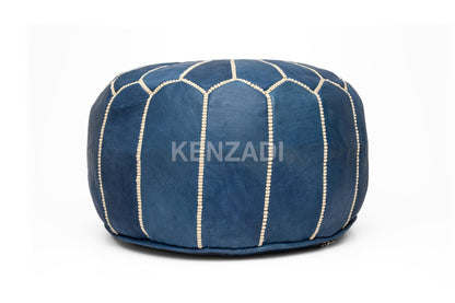 Moroccan leather pouf, round pouf, berber pouf, blue pouf with beige embroidery by MyPoufs.com