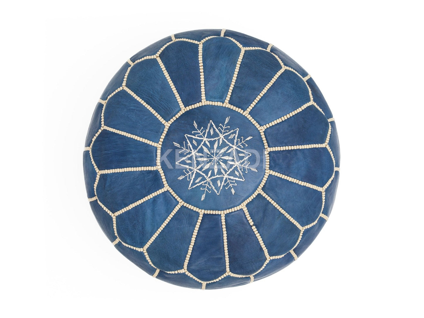 Moroccan leather pouf, round pouf, berber pouf, blue pouf with beige embroidery by MyPoufs.com