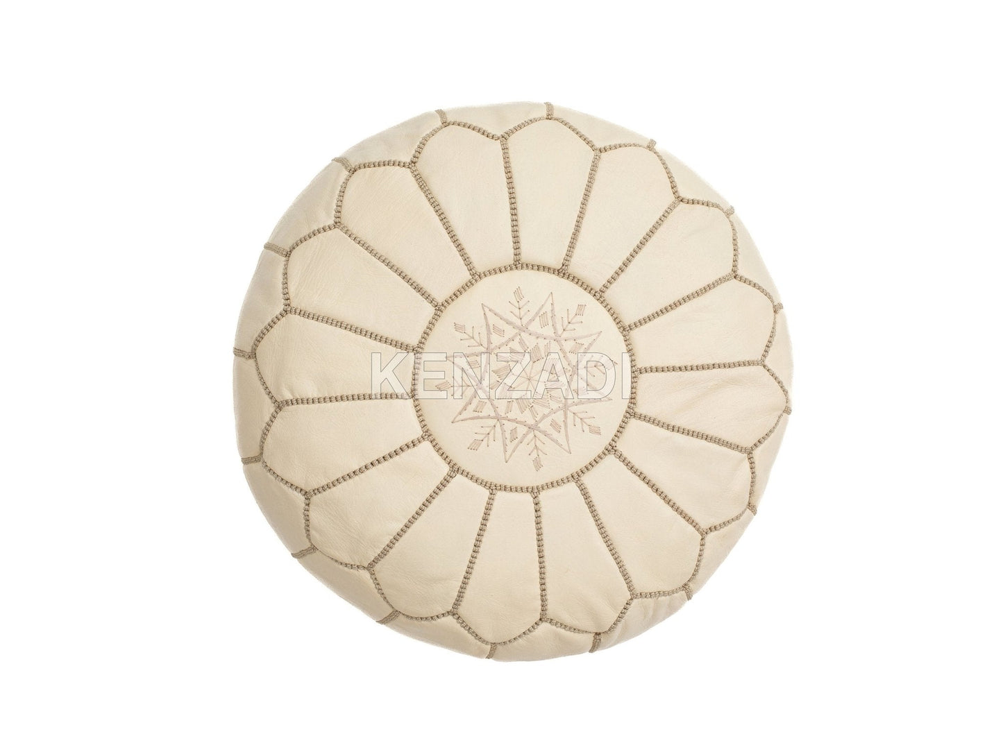 Moroccan leather pouf, round pouf, berber pouf, Creamy White with White embroidery by MyPoufs.com