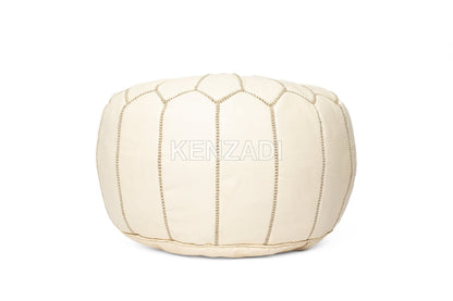 Moroccan leather pouf, round pouf, berber pouf, Creamy White with White embroidery by MyPoufs.com