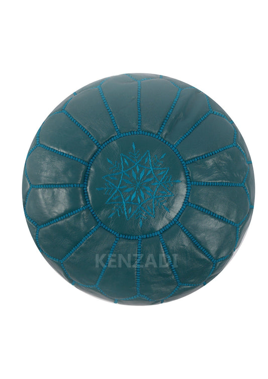 Moroccan leather pouf, round pouf, berber pouf, Dark Blue with Blue embroidery by MyPoufs.com