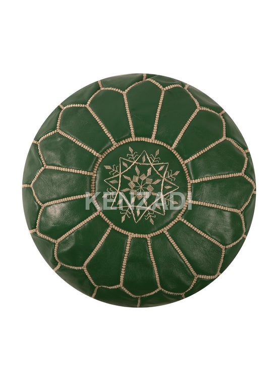 Moroccan leather pouf, round pouf, berber pouf, Dark Green pouf with Beige embroidery by MyPoufs.com