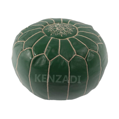 Moroccan leather pouf, round pouf, berber pouf, Dark Green pouf with Beige embroidery by MyPoufs.com