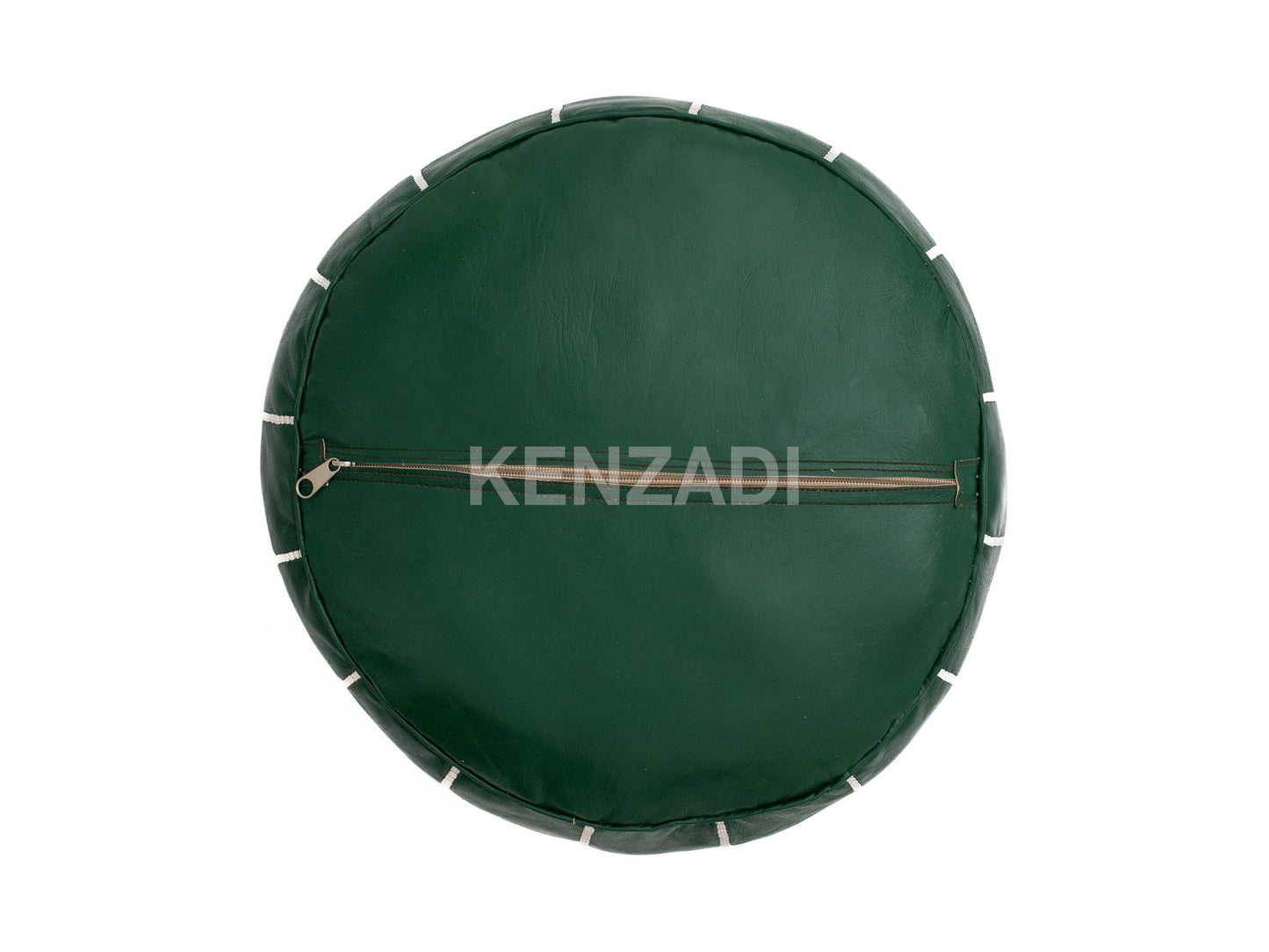 Moroccan leather pouf, round pouf, berber pouf, Green pouf with White embroidery by MyPoufs.com