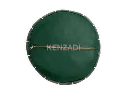 Moroccan leather pouf, round pouf, berber pouf, Green pouf with White embroidery by MyPoufs.com