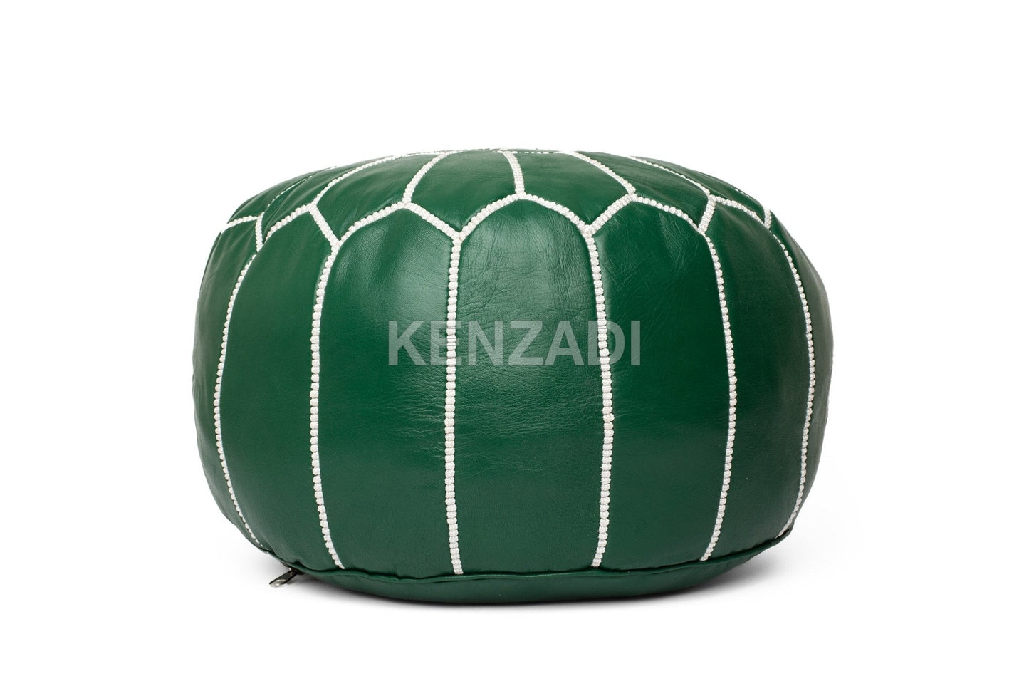 Moroccan leather pouf, round pouf, berber pouf, Green pouf with White embroidery by MyPoufs.com