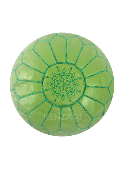 Moroccan leather pouf, round pouf, berber pouf, Light Green with Green embroidery by MyPoufs.com