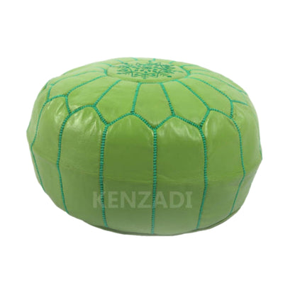 Moroccan leather pouf, round pouf, berber pouf, Light Green with Green embroidery by MyPoufs.com