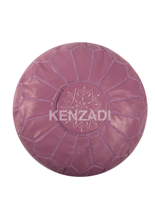 Moroccan leather pouf, round pouf, berber pouf, light purple pouf with purple embroidery by MyPoufs.com