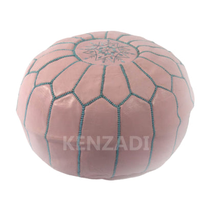 Moroccan leather pouf, round pouf, berber pouf, Pink pouf with Light blue embroidery by MyPoufs.com