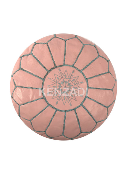 Moroccan leather pouf, round pouf, berber pouf, Pink pouf with Light blue embroidery by MyPoufs.com