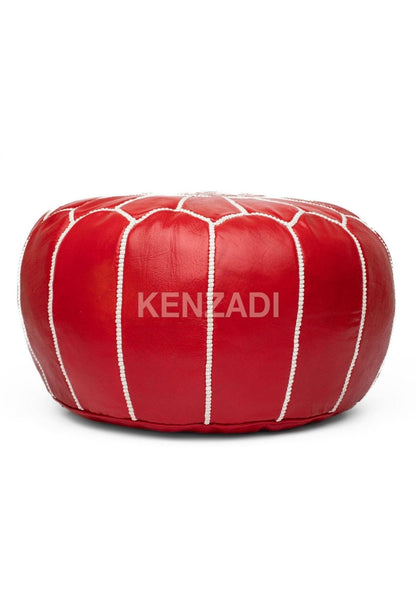 Moroccan leather pouf, round pouf, berber pouf, Red pouf with White embroidery by MyPoufs.com