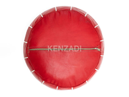 Moroccan leather pouf, round pouf, berber pouf, Red pouf with White embroidery by MyPoufs.com
