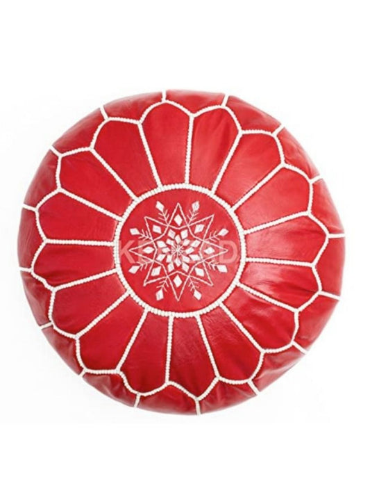Moroccan leather pouf, round pouf, berber pouf, Red pouf with White embroidery by MyPoufs.com