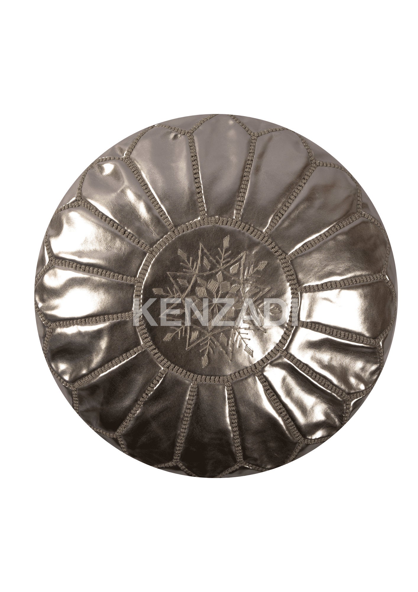 Moroccan leather pouf, round pouf, berber pouf, Silver grey with Grey embroidery by MyPoufs.com