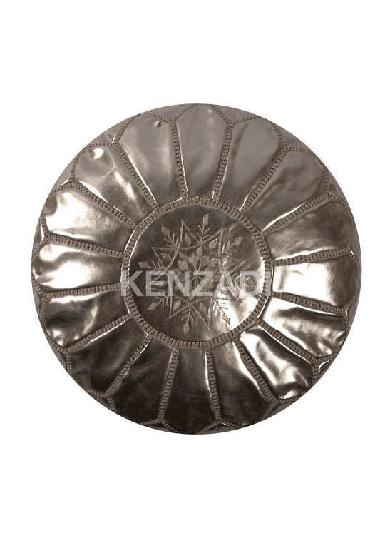 Moroccan leather pouf, round pouf, berber pouf, Silver grey with Grey embroidery by MyPoufs.com