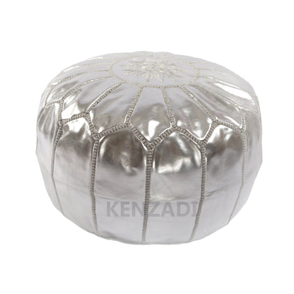 Moroccan leather pouf, round pouf, berber pouf, Silver grey with Grey embroidery by MyPoufs.com
