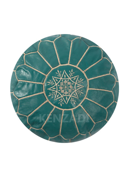 Moroccan leather pouf, round pouf, berber pouf, Turquoise pouf with Beige embroidery by MyPoufs.com