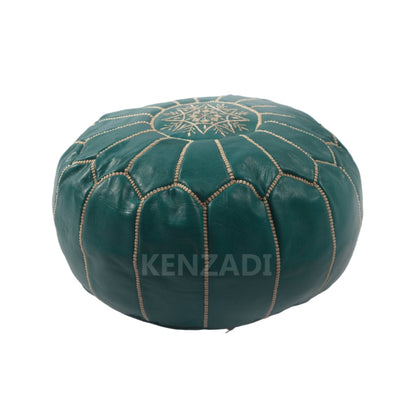 Moroccan leather pouf, round pouf, berber pouf, Turquoise pouf with Beige embroidery by MyPoufs.com