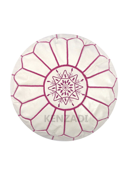 Moroccan leather pouf, round pouf, berber pouf, White with Pink embroidery by MyPoufs.com