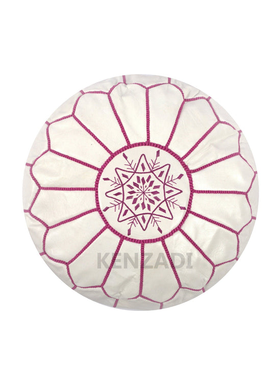 Moroccan leather pouf, round pouf, berber pouf, White with Pink embroidery by MyPoufs.com