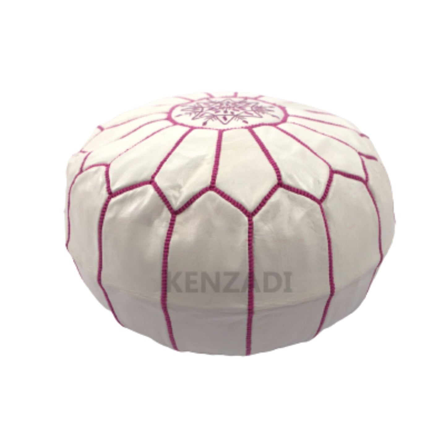 Moroccan leather pouf, round pouf, berber pouf, White with Pink embroidery by MyPoufs.com