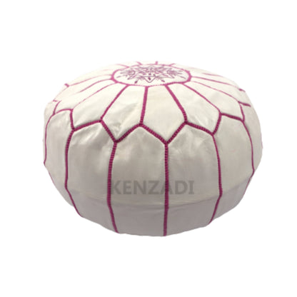 Moroccan leather pouf, round pouf, berber pouf, White with Pink embroidery by MyPoufs.com